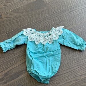 Turquoise Baby Romper with White Crochet Collar
